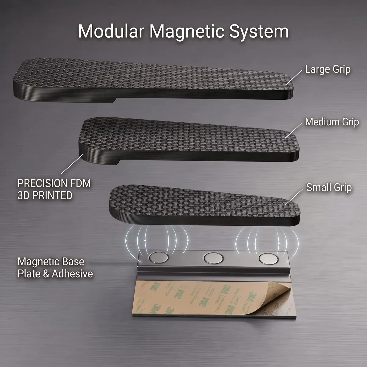 The modular magnetic system: Large, Medium and Small grips above the magnetic base plate and its adhesive